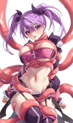 Rule 34 | 1girl, aisha landar, arms behind back, bandeau, blush, breasts, elsword, garter straps, hair between eyes, highres, large breasts, looking at viewer, navel, purple hair, red eyes, restrained, solo, tacco (tikeworld), tentacles, tentacles under clothes, thighhighs, twintails, void princess (elsword), white background