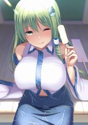 Rule 34 | 1girl, :p, ;), amisu, arm support, bare shoulders, blue skirt, blush, breasts, collarbone, commentary request, detached sleeves, food, frog hair ornament, from above, green eyes, green hair, groin, hair ornament, hair tubes, hand up, holding, holding food, kochiya sanae, lace, large breasts, long hair, long sleeves, looking at viewer, navel, one eye closed, outdoors, popsicle, shirt, single sidelock, sitting, skirt, sliding doors, smile, snake hair ornament, solo, stomach, tatami, tongue, tongue out, touhou, white shirt, wide sleeves