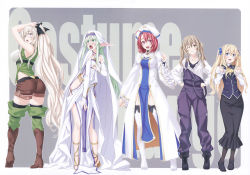 Rule 34 | 5girls, ;), absurdres, ahoge, arms up, ascot, ass, black legwear, blonde hair, blush, boots, bracelet, breasts, bridal gauntlets, brown hair, cosplay, costume switch, cow girl (goblin slayer!), dress, elbow gloves, elf, fingerless gloves, gloves, goblin slayer!, green eyes, green hair, guild girl (goblin slayer!), habit, hat, high elf archer (goblin slayer!), high heels, highres, jewelry, kannatsuki noboru, large breasts, long hair, long skirt, long sleeves, looking at viewer, multiple girls, official art, one eye closed, open mouth, overalls, parted lips, pelvic curtain, pointy ears, ponytail, priestess (goblin slayer!), red eyes, red hair, sandals, scan, short hair, sidelocks, skirt, small breasts, smile, standing, strap slip, sword maiden, thigh boots, thighhighs, twintails, two side up, tying hair, very long hair, vest, white footwear, white gloves