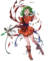 Rule 34 | 1girl, blue sash, boots, bracelet, brown footwear, damaged, dress, fire emblem, fire emblem: thracia 776, fire emblem heroes, full body, green eyes, green hair, highres, holding, holding staff, jewelry, medium hair, nintendo, non-web source, official art, one eye closed, red dress, sash, solo, staff, tina (fire emblem), torn clothes