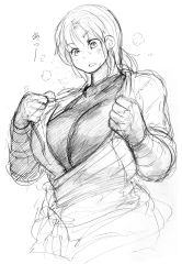 Rule 34 | 1girl, breasts, curvy, fanning self, greyscale, highres, hot, hunter rank e, jacket, large breasts, monochrome, original, short hair, sketch, solo, steam, sweat