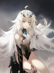 Rule 34 | 1girl, arlizi, bare shoulders, body markings, breasts, brown eyes, melusine (fate), melusine (third ascension) (fate), fate/grand order, fate (series), forked eyebrows, highres, long hair, looking at viewer, sidelocks, small breasts, solo, thighs, white hair