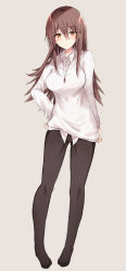 Rule 34 | 1girl, black pantyhose, blush, breasts, brown eyes, brown hair, full body, grey background, highres, jewelry, kinona, large breasts, long hair, looking at viewer, necklace, no pants, no shoes, original, pantyhose, shirt, simple background, solo, sweater, white shirt, white sweater