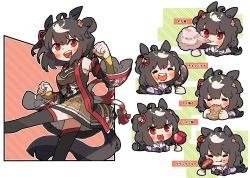Rule 34 | 1girl, ahoge, amonitto, animal ears, biting, black hair, black jacket, breasts, candy apple, chocolate banana, cleavage cutout, clenched hand, clothing cutout, commentary request, cotton candy, detached sleeves, eating, food, food on face, highres, horse ears, horse girl, horse tail, jacket, japanese clothes, kimono, kimono skirt, kitasan black (umamusume), looking at viewer, medium breasts, multicolored hair, multiple views, obi, open mouth, red eyes, sash, sausage, school uniform, skewer, sleeveless, sleeveless jacket, sleeveless kimono, smile, streaked hair, tail, taiyaki, teeth, tongue, tongue out, tracen school uniform, translation request, two side up, umamusume, upper teeth only, wagashi