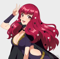 Rule 34 | 1girl, artist name, black bodysuit, black cape, bodysuit, breasts, cape, cleavage, clothing cutout, commentary, english commentary, fire emblem, fire emblem engage, grey background, hair ornament, high collar, highres, jacinth peters, large breasts, looking at viewer, nintendo, open mouth, red eyes, red hair, side cutout, simple background, smile, solo, star (symbol), star hair ornament, teeth, upper teeth only, v, yunaka (fire emblem)