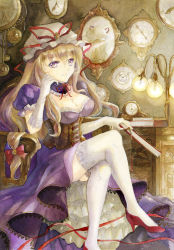 Rule 34 | 1girl, adapted costume, bad id, bad pixiv id, blonde hair, book, bow, breasts, choker, cleavage, clock, commentary request, corset, covered erect nipples, crossed legs, different reflection, dress, elbow gloves, folded fan, folding fan, frilled dress, frills, gloves, gradient eyes, hair bow, hand fan, hand on own cheek, hand on own face, high heels, keiko (mitakarawa), lamp, legs, light, long hair, mirror, multicolored eyes, puffy short sleeves, puffy sleeves, purple dress, purple eyes, red footwear, reflection, ribbon, ribbon choker, shoes, short sleeves, solo, thighhighs, thighs, touhou, white gloves, white thighhighs, yakumo yukari, yellow eyes