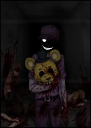 Rule 34 | 1girl, 4boys, animal ears, bear, belt, blonde hair, blood, blood on wall, blood on hands, brown hair, colored skin, death, five nights at freddy&#039;s, golden freddy, guro, hat, holding, holding mask, hollow eyes, looking at viewer, mask, multiple boys, purple guy, purple hair, purple shirt, purple skin, red hair, shirt, smile, standing, teeth, top hat, white eyes