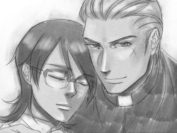 Rule 34 | 2boys, aged up, bixuehuangsha, cassock, clerical collar, closed eyes, closed mouth, couple, cross scar, doctor, facial scar, glasses, greyscale, hair slicked back, head on another&#039;s shoulder, kawabuchi sentarou, looking at viewer, male focus, medium hair, monochrome, multiple boys, nishimi kaoru, portrait, priest, sakamichi no apollon, scar, scar on cheek, scar on face, short hair, smile, spoilers, yaoi