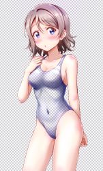 Rule 34 | 1girl, :o, absurdres, arm behind back, arm up, bare shoulders, blue eyes, blush, breasts, brown hair, checkered background, checkered clothes, checkered swimsuit, ckst, cleavage, commentary request, competition swimsuit, covered navel, highres, looking at viewer, love live!, love live! sunshine!!, medium breasts, meme, one-piece swimsuit, short hair, simple background, solo, standing, swimsuit, unmoving pattern, watanabe you, water