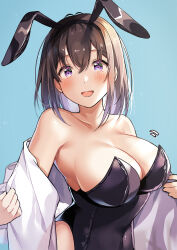 Rule 34 | 1girl, :d, animal ears, black leotard, blue background, breasts, brown hair, cleavage, collarbone, commentary request, covered navel, hair between eyes, hawawa-chan (shiro kuma shake), highres, large breasts, leotard, looking at viewer, open mouth, original, purple eyes, rabbit ears, shiro kuma shake, shirt, simple background, smile, solo, standing, undressing, upper body, white shirt