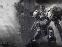 Rule 34 | armored core, armored core 3, building, burning, city, from software, grenade launcher, gun, laser blade, mecha, no humans, rifle, robot, skyscraper, solo, weapon