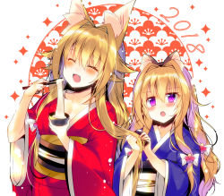 Rule 34 | 2018, 2girls, :3, :d, ^ ^, animal ears, blue kimono, blush, bow, bowl, breasts, brushing hair, cat ears, chopsticks, cleavage, closed eyes, collarbone, comb, fang, food, fox ears, fox girl, hair between eyes, hair bow, hair intakes, highres, holding, holding bowl, holding chopsticks, holding comb, holding own hair, japanese clothes, kimono, light brown hair, long hair, long sleeves, medium breasts, mochi, monaka natsume, multiple girls, obi, open mouth, original, purple eyes, red kimono, sash, smile, sparkle, very long hair, wagashi, white bow, wide sleeves