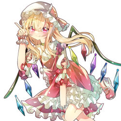 Rule 34 | 1girl, adapted costume, alternate hairstyle, between legs, center frills, crystal, doko ni demo iru bakana shojo, flandre scarlet, frilled shirt collar, frilled skirt, frills, glowing, glowing eye, hair between eyes, hand between legs, hat, highres, leg up, long hair, mary janes, mob cap, multicolored wings, no socks, puffy short sleeves, puffy sleeves, red eyes, red footwear, red skirt, red vest, shoes, short sleeves, simple background, skirt, solo, touhou, v, vest, white background, white hat, wings