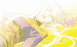 Rule 34 | 1girl, blunt bangs, closed eyes, dutch angle, epiphyllum, expressionless, facing viewer, fan mu zhang, final fantasy, final fantasy xiv, flower, from above, gold trim, gradient background, hair spread out, highres, hyur, japanese clothes, kimono, lace collar, long hair, lying, mole, mole under mouth, obi, obijime, on back, petals, pink flower, purple kimono, sash, solo, straight hair, upper body, white hair, yellow background, yellow collar, yotsuyu goe brutus