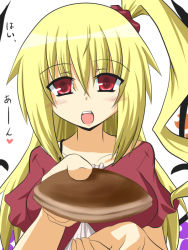 Rule 34 | 1girl, aged up, alternate costume, alternate hair length, alternate hairstyle, blonde hair, blush, casual, commentary request, dorayaki, feeding, flan-maman (goma), flandre scarlet, food, goma (gomasamune), hair ornament, incoming food, looking at viewer, open mouth, pov, pov feeding, red eyes, side ponytail, simple background, solo, text focus, touhou, translation request, wagashi, white background, wings