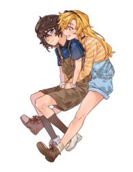 Rule 34 | 2girls, black choker, black hairband, black socks, blonde hair, blue eyes, blue overalls, blue shirt, brown footwear, brown hair, brown overalls, choker, closed mouth, commentary, glasses, grin, hairband, hashtag-only commentary, highres, hug, hug from behind, jiguang haibao, koishikawa iko, long hair, long sleeves, looking at another, momijiyama teru, multiple girls, open mouth, overalls, shirt, short hair, shy (series), simple background, sitting, smile, socks, striped clothes, striped shirt, white background, white footwear, yellow eyes, yellow shirt, yuri
