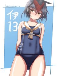 Rule 34 | 1girl, :o, arms behind back, asymmetrical hair, black hair, black one-piece swimsuit, breast cutout, breasts, brown eyes, brown neckerchief, character name, covered navel, cowboy shot, framed breasts, gluteal fold, hair between eyes, headgear, headphones, highres, i-13 (kancolle), kantai collection, neckerchief, one-piece swimsuit, roko roko (doradorazz), sailor collar, school swimsuit, shirt, short hair, small breasts, swimsuit, swimsuit under clothes, twitter username