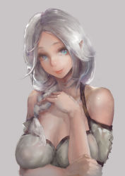 Rule 34 | 1girl, bare shoulders, blue eyes, braid, breasts, cleavage, female focus, highres, large breasts, lips, long hair, looking at viewer, nose, original, pink background, pointy ears, silver hair, simple background, sky of morika, smile, solo, upper body