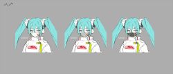 Rule 34 | 1girl, alternate color, aqua eyes, aqua hair, black mask, copyright name, covered mouth, cropped torso, flat color, goodsmile racing, grey background, grey mask, hair between eyes, hatsune miku, jacket, limited palette, mask, mouth mask, multiple views, neco, official art, portrait, racing miku, racing miku (2022), second-party source, sidelocks, simple background, smiley face, twintails, upper body, variations, vocaloid, white jacket, white mask