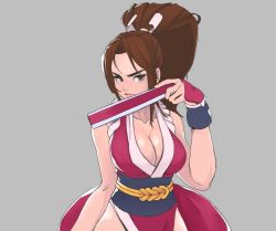 Rule 34 | 1girl, breasts, brown eyes, brown hair, cleavage, fatal fury, female focus, hand fan, holding, holding fan, large breasts, long hair, looking at viewer, matching hair/eyes, ninja, parted lips, ponytail, revealing clothes, shiranui mai, smile, snk, solo, the king of fighters