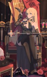 Rule 34 | 1girl, absurdres, aiguillette, asymmetrical clothes, asymmetrical dress, azur lane, bismarck (azur lane), bismarck (beacon of the iron blood) (azur lane), bismarck (coat of arms), black dress, black feathers, black footwear, black gloves, black thighhighs, blonde hair, blue eyes, breasts, cleavage, crossed legs, dress, epaulettes, evening gown, feathers, fingerless gloves, full body, gloves, goblin003, high heels, highres, holding, holding feather, holding scepter, iron blood (emblem), long hair, medium breasts, official alternate costume, scepter, shoes, side cape, single epaulette, sitting, soles, solo, sword, thighhighs, throne, weapon