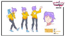 Rule 34 | 1boy, amputee, annoyed, aqua eyes, black pants, blue footwear, blue shirt, character profile, character sheet, hand in pocket, highres, instrument, jacket, multicolored hair, non-web source, official art, pants, piano, purple hair, shirt, streaked hair, tied sleeves, treble (unbeatable), unbeatable, waving, white background, white stripes, x, yellow jacket