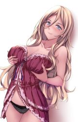 Rule 34 | 1girl, babydoll, black panties, blonde hair, blue eyes, breast hold, breasts, collarbone, commentary request, cowboy shot, frilled babydoll, hair between eyes, highres, kantai collection, kuurunaitsu, large breasts, long hair, mole, mole under eye, mole under mouth, panties, red babydoll, richelieu (kancolle), simple background, solo, underwear, underwear only, white background