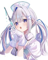 Rule 34 | 1girl, :o, amane kanata, amane kanata (nurse), blue hair, blush, commentary request, fang, frills, gloves, grey hair, hat, highres, holding, holding syringe, hololive, long hair, looking at viewer, multicolored hair, nurse, nurse cap, official alternate hair length, official alternate hairstyle, open mouth, own hands together, purple eyes, short sleeves, simple background, single hair intake, skin fang, solo, streaked hair, syringe, tefu ekaki, twintails, upper body, virtual youtuber, white background, white gloves
