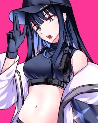 Rule 34 | 1girl, absurdres, bare shoulders, baseball cap, black gloves, black hat, black shirt, blue archive, blue eyes, blue hair, blunt bangs, coat, commentary, crop top, gloves, hand up, hat, highres, long hair, looking at viewer, midriff, navel, off shoulder, open clothes, open coat, open mouth, pink background, saori (blue archive), shirt, simple background, sleeveless, sleeveless shirt, solo, stomach, tsunderemaids, upper body, white coat