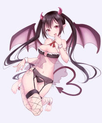 Rule 34 | 1girl, absurdres, barefoot, black hair, black panties, blush, breasts, cleavage, demon girl, demon horns, demon wings, fang, frills, garter belt, hand to own mouth, hand up, harukasu (mememememo), highres, horns, large breasts, long hair, looking at viewer, navel, open mouth, original, panties, pink eyes, pointy ears, simple background, skin fang, solo, stomach, tail, thighs, twintails, underboob, underwear, wings