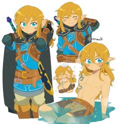 Rule 34 | 1boy, artist name, belt, black cape, blue eyes, blue shirt, blush, boots, cape, cold, earrings, highres, jewelry, kiirono, link, looking at viewer, male focus, multiple views, navel, nintendo, partially submerged, pectorals, pointy ears, shirt, shorts, strap, sword, the legend of zelda, the legend of zelda: tears of the kingdom, topless male, weapon, white background
