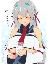 Rule 34 | 1girl, ^ ^, android, artist name, bare shoulders, blush, breasts, closed eyes, crop top, cup, dangan neko, detached sleeves, dress, drinking glass, facing viewer, grey hair, headgear, highres, holding, holding cup, holding drinking glass, large breasts, long hair, long sleeves, looking at viewer, necktie, original, parted lips, red necktie, russia (dangan neko), sidelocks, sleeveless, sleeveless dress, smile, solo, translation request, underboob, upper body, wide sleeves