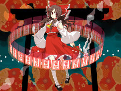Rule 34 | 1girl, bow, brown hair, detached sleeves, female focus, full body, hakurei reimu, japanese clothes, miko, popoin, red eyes, skirt, solo, torii, touhou