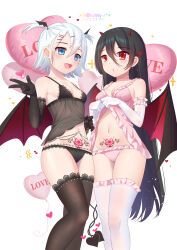 Rule 34 | 2girls, artist name, babydoll, babydoll lift, balloon, black babydoll, black gloves, black hair, black panties, black thighhighs, blue eyes, blush, breasts, cleavage, cowboy shot, dated, demon girl, demon horns, demon tail, demon wings, earrings, elbow gloves, english text, fang, frilled gloves, frilled panties, frilled thighhighs, frills, gloves, heart, heart balloon, highres, horns, intertwined tails, jewelry, lifting own clothes, long hair, mixed-language commentary, multiple girls, navel, navel piercing, open mouth, original, panties, piercing, pink babydoll, pink panties, pubic tattoo, red eyes, short hair, small breasts, smile, standing, stomach, tail, tattoo, thighhighs, underwear, v, very long hair, white gloves, white hair, white thighhighs, wings, xiao shi lullaby