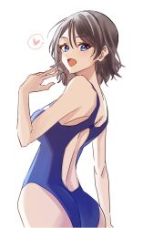Rule 34 | 1girl, ass, back, blue eyes, blush, breasts, competition swimsuit, from behind, heart, highres, ilkraz aoi, looking at viewer, love live!, love live! sunshine!!, medium breasts, one-piece swimsuit, short hair, simple background, solo, swimsuit, watanabe you, wavy hair