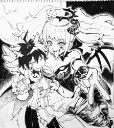 Rule 34 | 1boy, 1girl, ahoge, angel and devil, angel wings, bare shoulders, bear hair ornament, blush, breasts, cheek-to-breast, cleavage, collarbone, danganronpa: trigger happy havoc, danganronpa (series), demon wings, enoshima junko, fang, fingernails, greyscale, hair ornament, halo, highres, holding, horns, large breasts, leotard, long hair, looking at another, monochrome, naegi makoto, nail polish, navel, one eye closed, pants, sharp fingernails, single horn, smile, spiked halo, star tattoo, stomach, sweat, tattoo, teeth, tongue, tongue out, torn clothes, torn pants, tsunemi aosa, twintails, two-tone background, upper teeth only, v, wings
