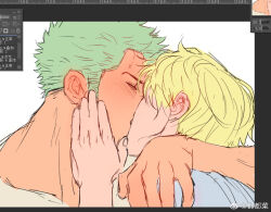Rule 34 | 2boys, art program in frame, blonde hair, blush, close-up, closed eyes, couple, curly eyebrows, dark-skinned male, dark skin, green hair, hand on another&#039;s cheek, hand on another&#039;s face, kiss, male focus, multiple boys, muscular, muscular male, one piece, roronoa zoro, sanji (one piece), short hair, sketch, sweetdou3, tongue, unfinished, yaoi