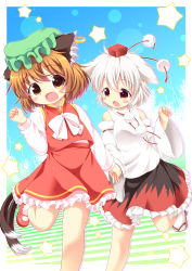 Rule 34 | 2girls, animal ears, bare shoulders, bow, brown eyes, brown hair, cat ears, cat tail, chen, detached sleeves, ear piercing, earrings, fang, gradient background, hat, hat ribbon, holding hands, inubashiri momiji, jewelry, long sleeves, mob cap, multiple girls, multiple tails, nekomata, open mouth, piercing, pila-pela, pom pom (clothes), red eyes, ribbon, shirt, silver hair, single earring, skirt, skirt set, smile, standing, standing on one leg, star (symbol), striped, striped background, tail, tokin hat, touhou, vest, wide sleeves, wolf ears