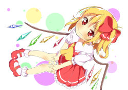 Rule 34 | 1girl, blonde hair, bow, dress, fang, flandre scarlet, hair bow, mary janes, no headwear, puffy short sleeves, puffy sleeves, red dress, red eyes, shirt, shoes, short sleeves, side ponytail, smile, solo, touhou, wings, yuimari