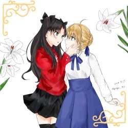 Rule 34 | 2girls, ahoge, artoria pendragon (all), artoria pendragon (fate), black hair, black skirt, black thighhighs, blonde hair, blue eyes, blue ribbon, blue skirt, closed mouth, commentary request, dated, eye contact, face-to-face, fate/stay night, fate (series), flower, grape 90, green eyes, hair ribbon, hands on another&#039;s cheeks, hands on another&#039;s face, highres, lily (flower), long hair, long sleeves, looking at another, multiple girls, open mouth, red shirt, ribbon, saber (fate), shirt, sketch, skirt, sweat, thighhighs, tohsaka rin, twitter username, two side up, white background, white shirt, yuri