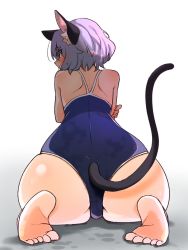 Rule 34 | 1girl, animal ear fluff, animal ears, ass, black one-piece swimsuit, blush, from behind, full body, grey hair, highres, nazrin, one-piece swimsuit, red eyes, seiza, short hair, simple background, sitting, solo, swimsuit, tail, take no ko (4919400), touhou, white background