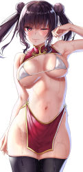 Rule 34 | ;), armpits, bare shoulders, bikini, blush, breasts, china dress, chinese clothes, double bun, dress, groin, hair bun, hand up, heart, heart-shaped pupils, highres, jack dempa, medium breasts, navel, no panties, one eye closed, original, pelvic curtain, purple hair, red dress, red eyes, revealing clothes, sidelocks, skindentation, smile, solo, stomach, swimsuit, symbol-shaped pupils, thighhighs, thighs, twintails, wet, white bikini