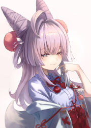 Rule 34 | 1girl, absurdres, blue eyes, blue shirt, blush, cone hair bun, hair bun, hair ornament, hair rings, hakama, heterochromia, highres, japanese clothes, jindogod, long hair, looking at viewer, open clothes, open robe, pom pom (clothes), pom pom hair ornament, purple shirt, purple tail, red hakama, robe, shirt, simple background, single off shoulder, solo, stellive, tenko shibuki, thick eyelashes, virtual youtuber, white background, wide sleeves, yellow eyes