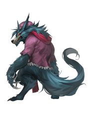 Rule 34 | 1boy, absurdres, big bad warwick, claws, deluxe&lt;&lt;&lt;, fangs, fangs out, frilled hat, frills, furry, furry male, glasses, hat, highres, league of legends, looking back, male focus, monster, purple hat, red eyes, round eyewear, sharp teeth, slit pupils, solo, standing, teeth, warwick, werewolf