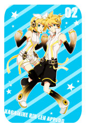 Rule 34 | 1boy, 1girl, aki (migim), aqua eyes, arm warmers, bad id, bad pixiv id, blonde hair, brother and sister, character name, detached sleeves, hair ornament, hair ribbon, hairclip, headphones, highres, kagamine len, kagamine len (append), kagamine rin, kagamine rin (append), navel, ribbon, short hair, shorts, siblings, twins, vocaloid, vocaloid append