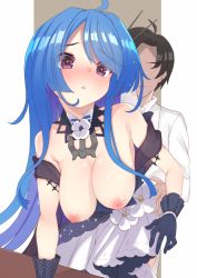 Rule 34 | 1boy, 1girl, ahoge, azur lane, bare shoulders, black gloves, black hair, blue eyes, blue hair, blush, breasts, breasts out, cleavage, closed mouth, collarbone, commander (azur lane), couple, cowboy shot, detached collar, doggystyle, dress, dress flower, faceless, faceless male, gloves, hanging breasts, helena (azur lane), hetero, large breasts, leaning forward, long hair, medium breasts, nekokyun, nipples, open mouth, parted lips, purple eyes, raised eyebrows, sex, sex from behind, shiny skin, shirt, simple background, smile, white background, white dress, white shirt