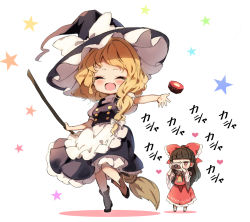 Rule 34 | 2girls, :d, ^ ^, black hair, blonde hair, blush, boots, bow, braid, broom, brown footwear, camera, closed eyes, commentary request, closed eyes, full body, hair bow, hakurei reimu, hat, holding, holding broom, holding camera, kirisame marisa, long hair, mini-hakkero, multiple girls, open mouth, piyokichi, red bow, simple background, single braid, smile, standing, star (symbol), starry background, taking picture, touhou, white background, witch hat