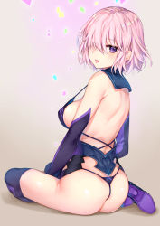 Rule 34 | 1girl, absurdres, ass, back, bad id, bad pixiv id, bare shoulders, black panties, black thighhighs, blush, breasts, commentary request, criss-cross halter, detached collar, elbow gloves, fate/grand order, fate (series), from behind, g-string, gloves, hair over one eye, halterneck, high heels, highres, kaguyuzu, large breasts, light purple hair, looking at viewer, looking back, mash kyrielight, open mouth, panties, purple eyes, purple gloves, short hair, sideboob, sitting, smile, solo, strap gap, thighhighs, thong, underwear, yokozuwari
