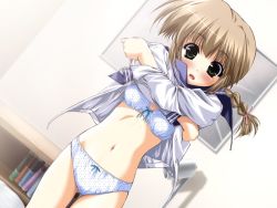 Rule 34 | 1girl, blue bra, blue panties, blush, bottomless, bow, bow bra, bow panties, boy meets girl, bra, braid, breasts, brown hair, clothes lift, crossed arms, dutch angle, embarrassed, flat chest, game cg, green eyes, lace, lace-trimmed bra, lace-trimmed panties, lace trim, lingerie, long hair, navel, no pants, open clothes, open mouth, open shirt, panties, polka dot, polka dot bra, polka dot panties, school uniform, serafuku, shintarou, shirt, shirt lift, small breasts, solo, souma nanami, standing, surprised, thigh gap, thighs, underwear, undressing, white bra, white panties