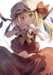 Rule 34 | 1girl, ascot, blonde hair, cowboy shot, crystal, dress, embodiment of scarlet devil, flandre scarlet, frills, hat, hat ribbon, highres, looking at viewer, medium hair, midriff peek, mob cap, natsume suzuri, puffy short sleeves, puffy sleeves, red dress, ribbon, short sleeves, side ponytail, simple background, solo, touhou, white background, wings